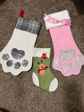 Holiday Paw Print Stocking Trio - Pink, Cream & Green